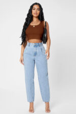Kadın Kahverengi Kare Yaka Crop Top Bluz - Görsel 3