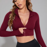 Kadın Bordo Uzun Kol Fermuarlı Parmak Geçme Detaylı Dik Yaka Crop Top Bluz