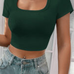 Kadın Yeşil Yarım Kol Düz Yaka Crop Top Bluz