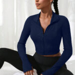 Kadın Lacivert Uzun Kol Fermuarlı Parmak Geçme Detaylı Dik Yaka Crop Top Bluz
