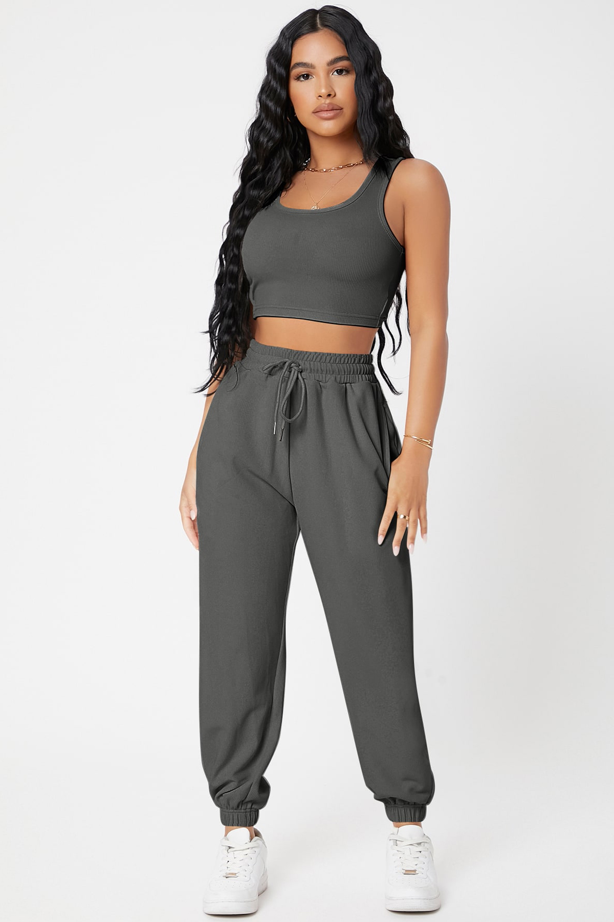 1-139 Kadın Antrasit Gri Kaşkorse Cepli Jogger Eşofman Altı ve Crop Top Bluz - Görsel 1