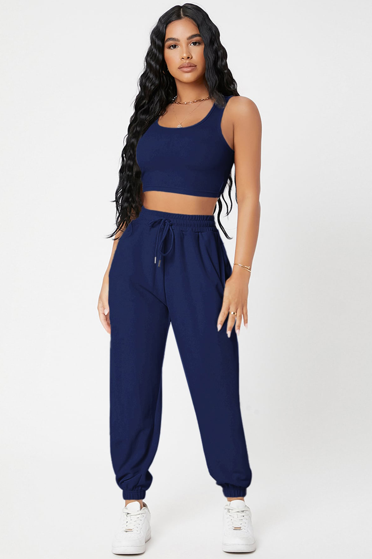 1-140 Kadın Lacivert Kaşkorse Cepli Jogger Eşofman Altı ve Crop Top Bluz - Görsel 1