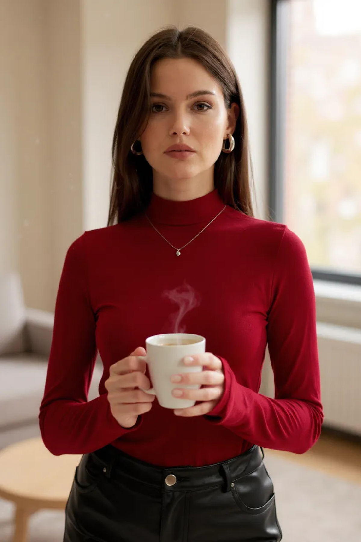 1-26 Kadın Bordo Parmak Detaylı Esnek Uzun Kollu Body - Görsel 1