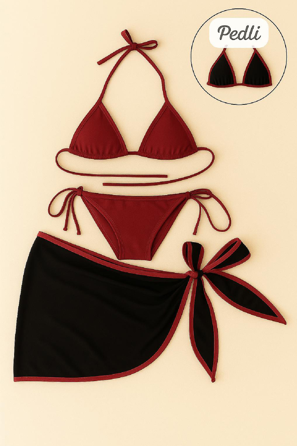 1-41 Kadın Bordo Siyah Pareolu Yandan ve Boyundan Bağlamalı 3'lü Bikini Takımı - Görsel 1