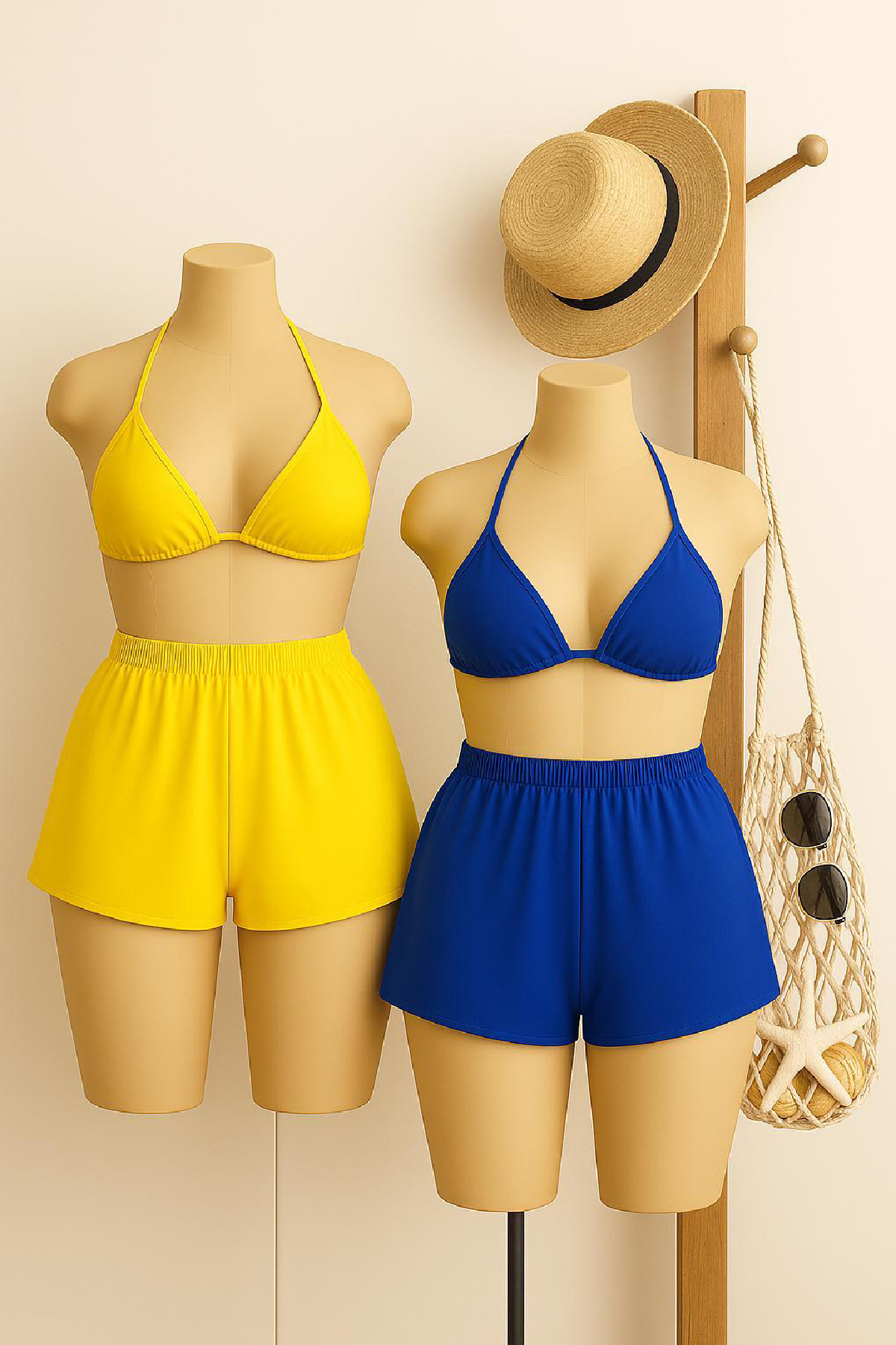 1-56 Kadın Sarı ve Mavi Şortlu Belden ve Boyundan Bağlamalı Bikini Takımı - Görsel 1