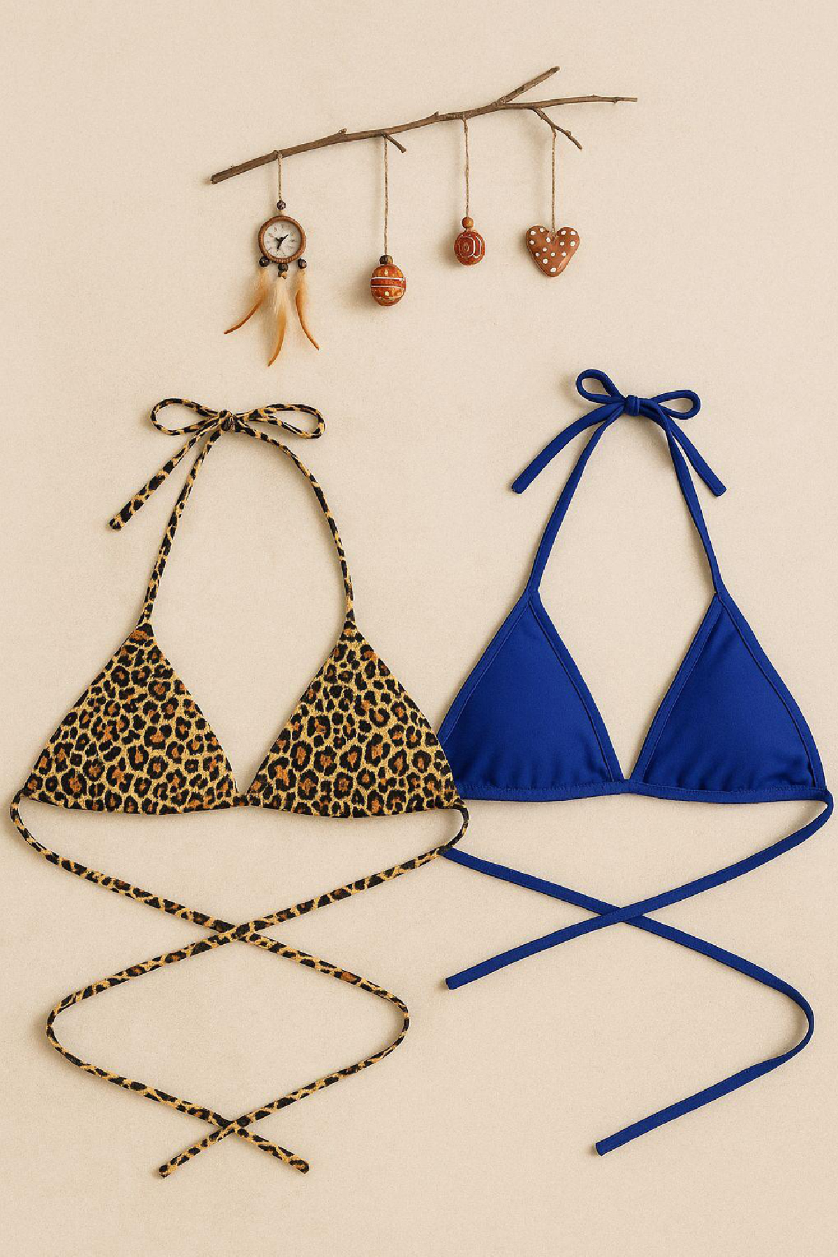 1-58 Kadın Leopar Desenli ve Mavi Minimal Kesim Üçgen Bikini Üstü - Görsel 1