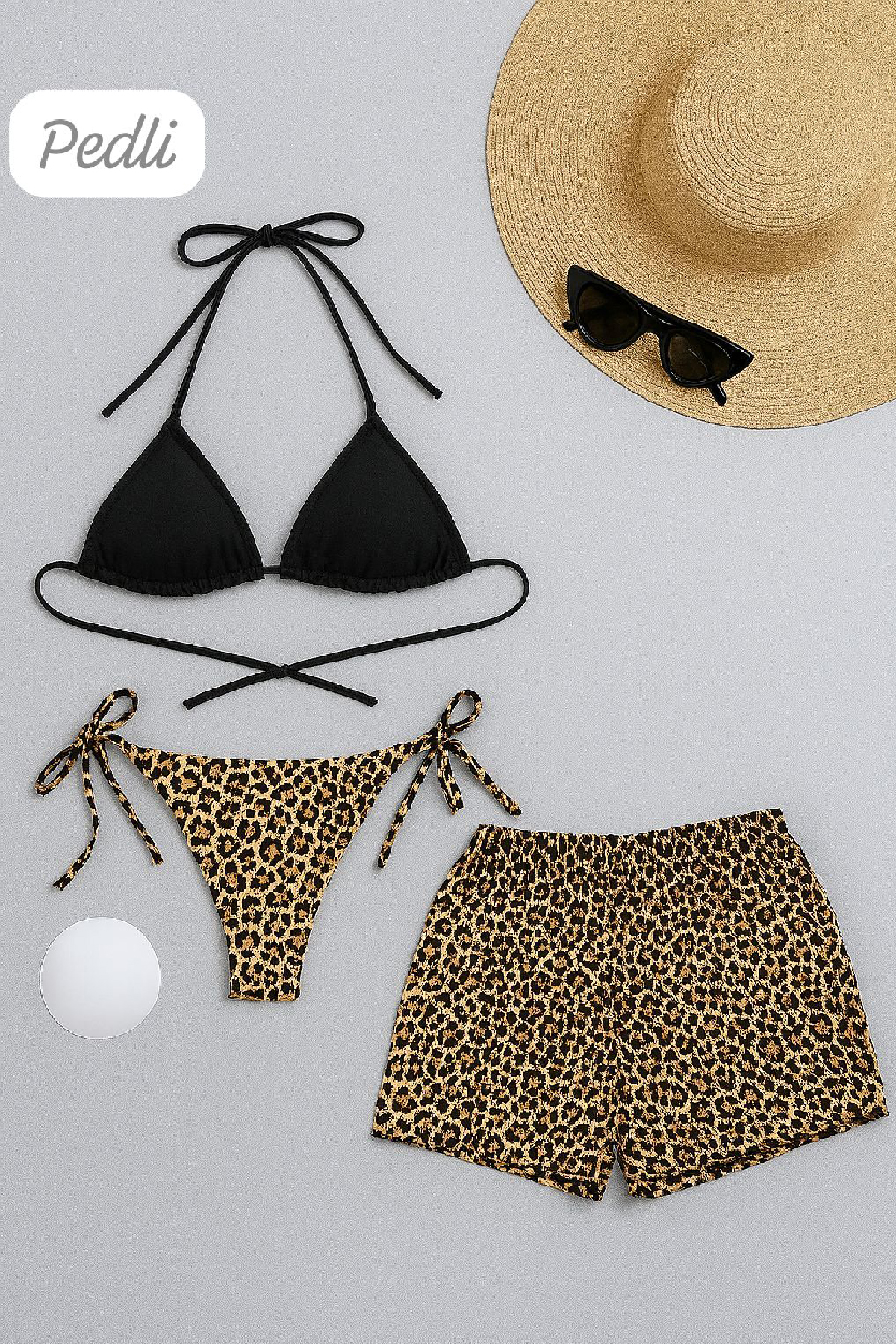 1-7 Kadın 3'lü Set Siyah ve Leopar Desenli Şortlu Yandan Bağlamalı Bikini Mayo Takımı - Görsel 1