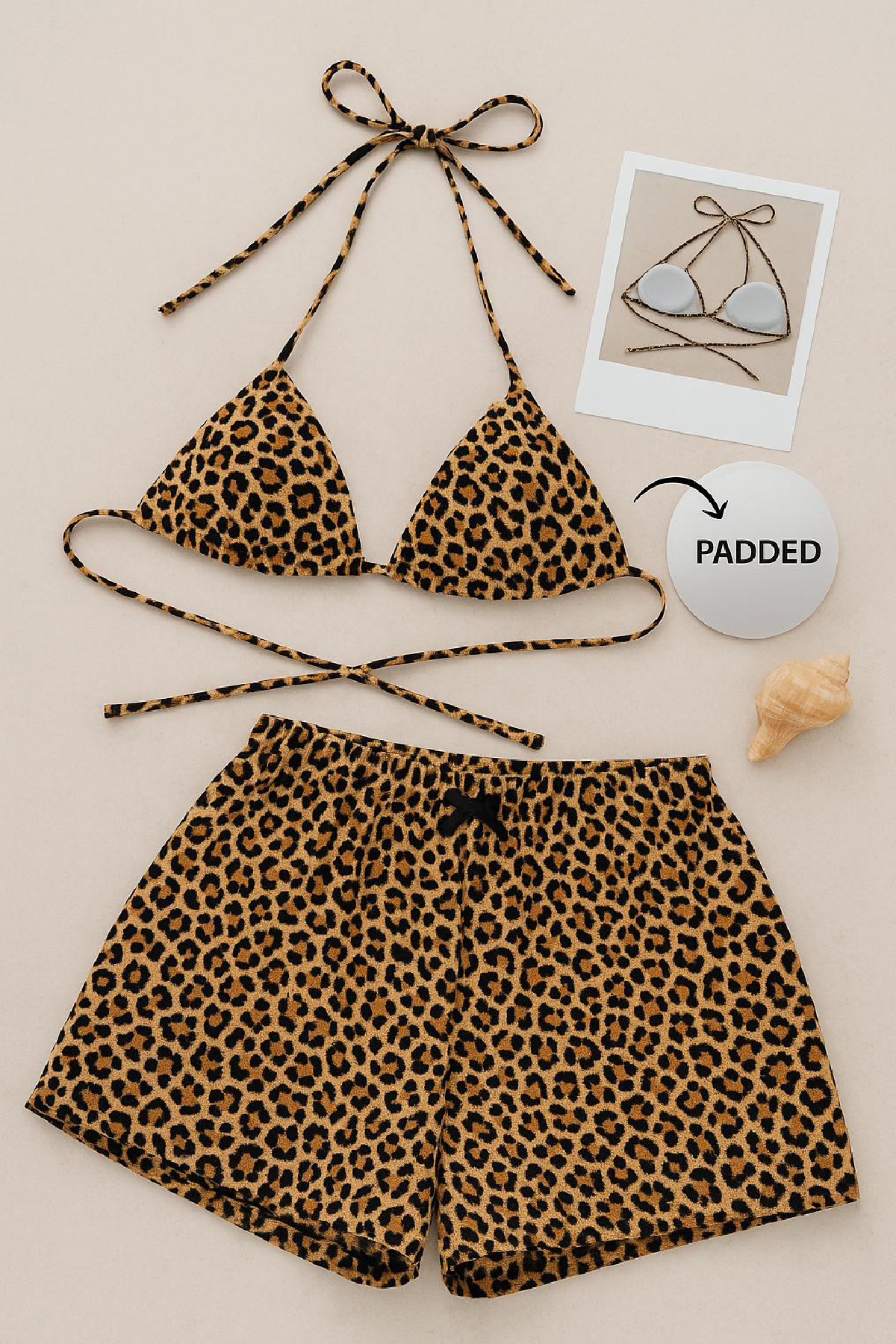 1-8 Kadın Leopar Desenli Şortlu Belden ve Boyundan Bağlamalı Bikini Takımı - Görsel 1