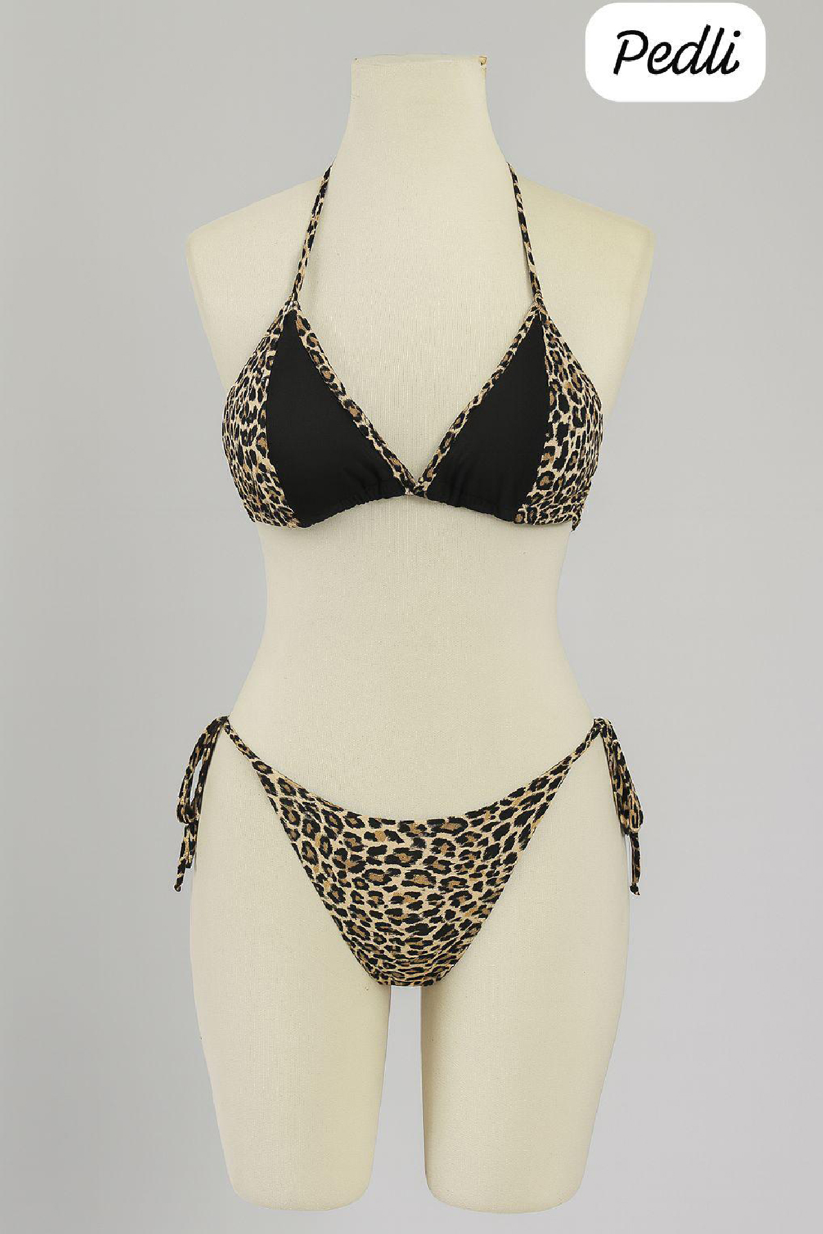 11-18 Kadın Siyah ve Leopar Detaylı Yandan Bağlamalı Bikini Takımı - Görsel 1