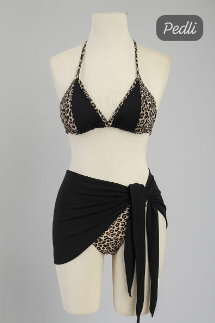 Kadın Siyah ve Leopar Desenli Pareolu 3'lü Bikini Takımı
