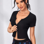 Kadın Siyah Çift Fermuarlı Yarım Kol Crop Top Bluz