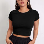 Kadın Siyah Yuvarlak Yaka Yarım Kol Crop Top Bluz