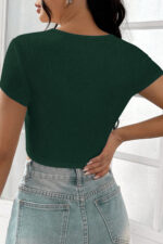 Kadın Yeşil Yarım Kol Düz Yaka Crop Top Bluz - Görsel 2
