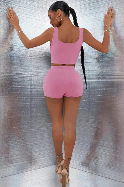 Kadın Pembe Şortlu Crop Top Gecelik Takım
