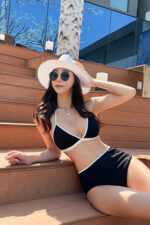 Kadın Siyah Beyaz Kaşkorse Yüksek Bel Bikini Takımı - Görsel 2
