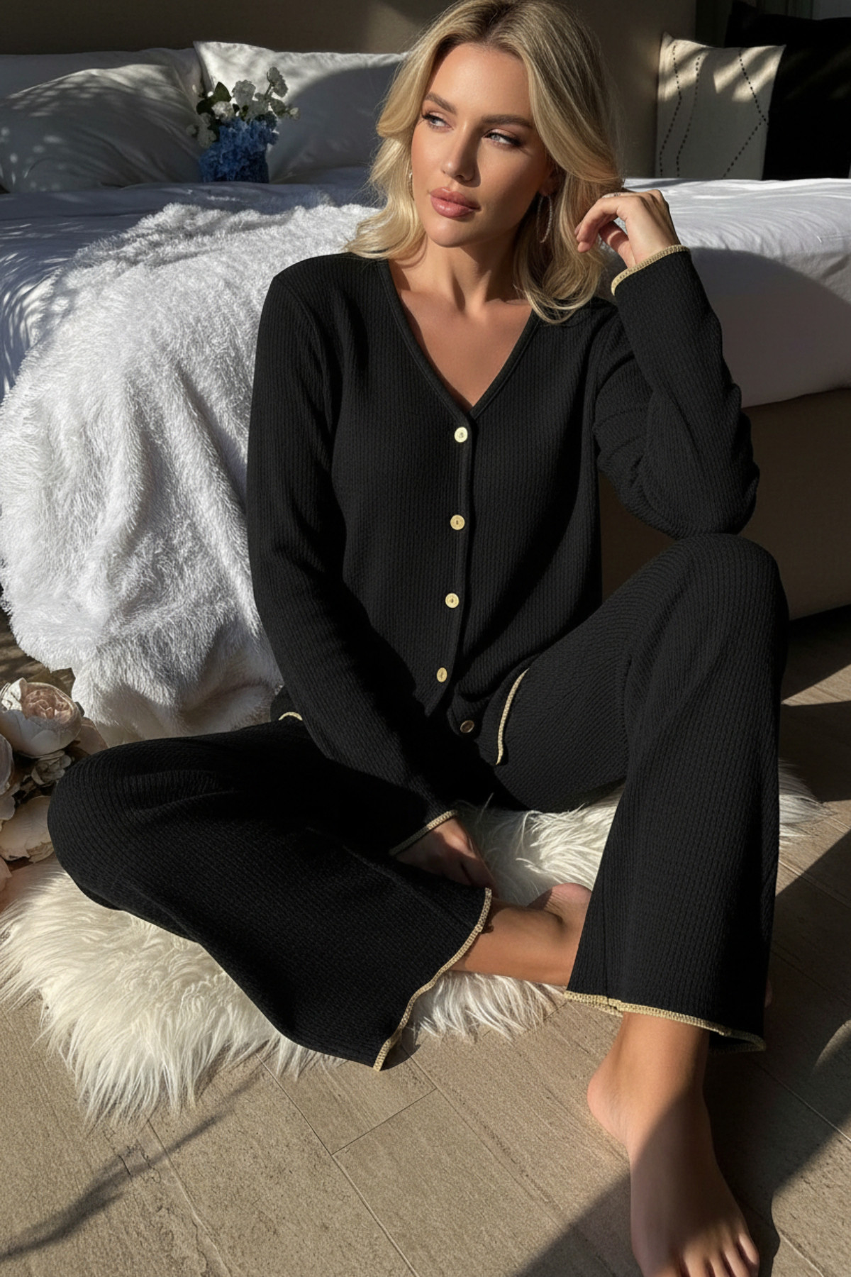 2-27 Premium Kadın Fitilli Pijama Takımı – Siyah Gold Biye Detaylı, Yumuşak Dokulu Ev Şıklığı - Görsel 1