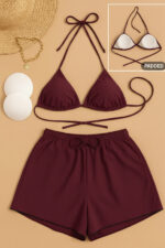 Kadın 3'lü Set Bordo Şortlu ve Yandan Bağlamalı Bikini Mayo Takımı - Görsel 2