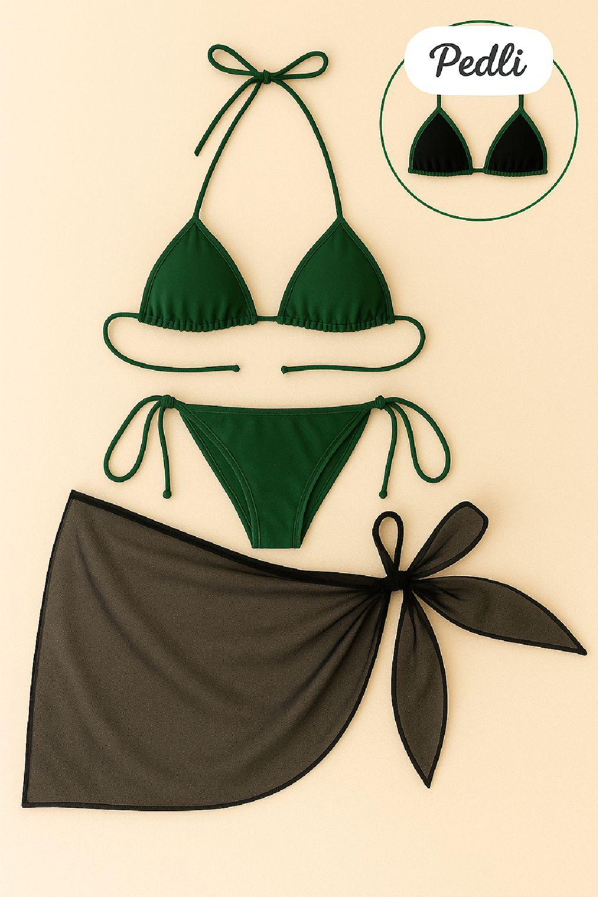 2-35 Kadın Yeşil Siyah Pareolu Yandan ve Boyundan Bağlamalı 3'lü Bikini Takımı - Görsel 1