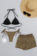 Kadın 3'lü Set Siyah ve Leopar Desenli Şortlu Yandan Bağlamalı Bikini Mayo Takımı - Görsel 2