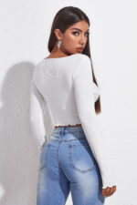 Kadın Beyaz Uzun Kollu Büzdürme Bağcık Detaylı Crop Top Bluz - Görsel 2