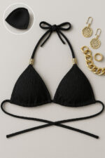 Kadın Siyah Pedli Üçgen Bikini Üstü Halter Bağlamalı Aksesuarlı - Görsel 2