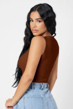 Kadın Kahverengi Kare Yaka Crop Top Bluz - Görsel 2