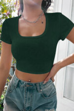 Kadın Yeşil Yarım Kol Düz Yaka Crop Top Bluz - Görsel 3