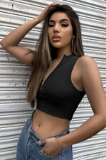Kadın Siyah Yarım Fermuarlı Sıfır Kol Crop Top Bluz - Görsel 3