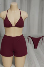 Kadın 3'lü Set Bordo Şortlu ve Yandan Bağlamalı Bikini Mayo Takımı - Görsel 3