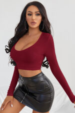 Kadın Bordo Uzun Kol Kare Yaka Crop Top Bluz - Görsel 3