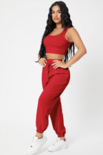 Kadın Kırmızı Kaşkorse Cepli Jogger Eşofman Altı ve Crop Top Bluz - Görsel 3