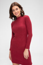 Kadın Bordo Kaşkorse Balıkçı Yaka Uzun Kollu Bodycon Mini Elbise - Görsel 3