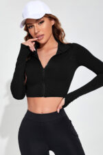 Kadın Siyah Uzun Kol Fermuarlı Parmak Geçme Detaylı Dik Yaka Crop Top Bluz - Görsel 4