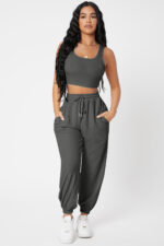 Kadın Antrasit Gri Kaşkorse Cepli Jogger Eşofman Altı ve Crop Top Bluz - Görsel 4