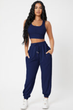 Kadın Lacivert Kaşkorse Cepli Jogger Eşofman Altı ve Crop Top Bluz - Görsel 4