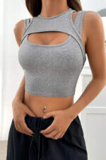 Kadın Gri Kalın Askılı Cut Out Dekolteli Crop Top Bluz - Görsel 4