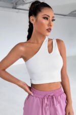 Kadın Beyaz Tek Omuz Cut Out Detaylı Crop Top Bluz - Görsel 4
