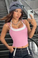Kadın Pembe Beyaz Çift Renk Çapraz Askılı Crop Top Bluz - Görsel 5