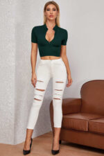 Kadın Yeşil Yarım Fermuarlı ve Kısa Kollu Crop Top Bluz - Görsel 4
