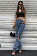 Kadın Siyah Yarım Fermuarlı Sıfır Kol Crop Top Bluz - Görsel 4