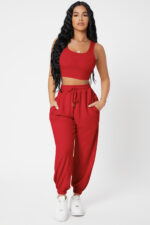 Kadın Kırmızı Kaşkorse Cepli Jogger Eşofman Altı ve Crop Top Bluz - Görsel 4