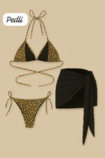 Kadın Siyah ve Leopar Desenli Pareolu 3'lü Bikini Takımı - Görsel 4