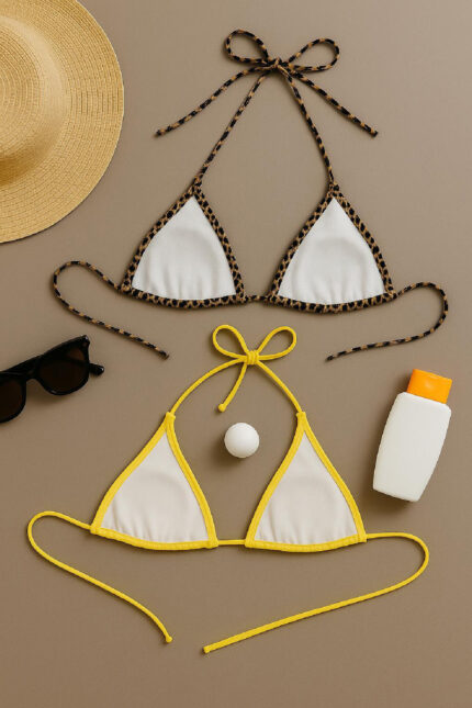 Kadın Leopar Desenli ve Sarı Minimal Kesim Üçgen Bikini Üstü