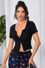 Kadın Siyah Çift Fermuarlı Yarım Kol Crop Top Bluz - Görsel 4