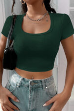 Kadın Yeşil Yarım Kol Düz Yaka Crop Top Bluz - Görsel 5