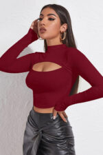 Kadın Bordo Göğüs Dekolteli Uzun Kollu Cut Out Crop Top Bluz - Görsel 5