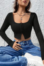 Kadın Siyah Uzun Kollu Agraflı Göğüs ve Göbek Dekolteli Crop Top Bluz - Görsel 5