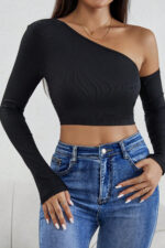 Kadın Siyah Tek Omuz Detaylı Uzun Kol Crop Top Bluz - Görsel 5