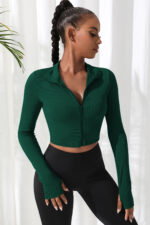 Kadın Yeşil Uzun Kol Fermuarlı Parmak Geçme Detaylı Dik Yaka Crop Top Bluz - Görsel 5