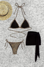 Kadın Siyah ve Leopar Desenli Pareolu 3'lü Bikini Takımı - Görsel 5